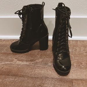 BLACK PATENT LACE UP BOOTS